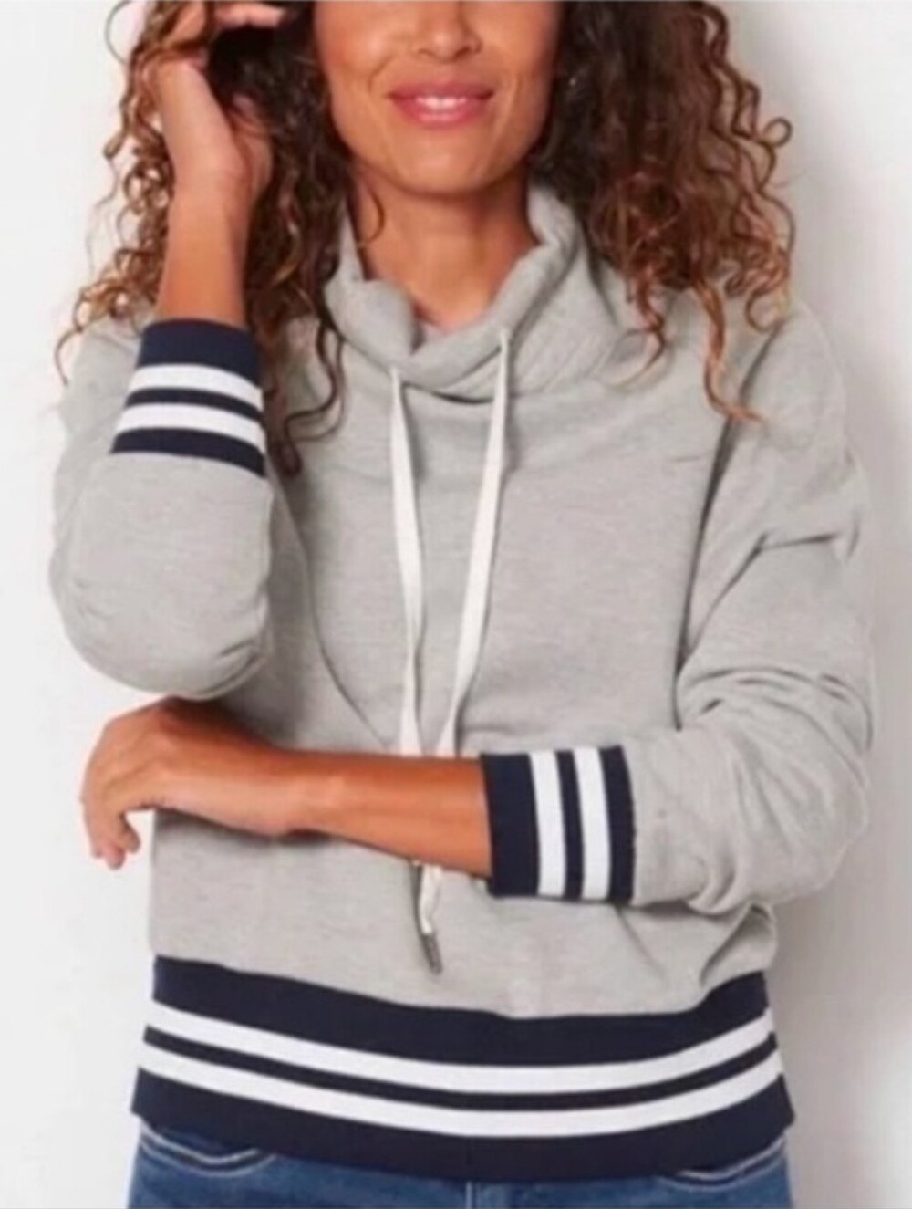 EVEREVE Presley Funnel Neck Heather Grey Sweatshirt Varsity Stripes Sz Large